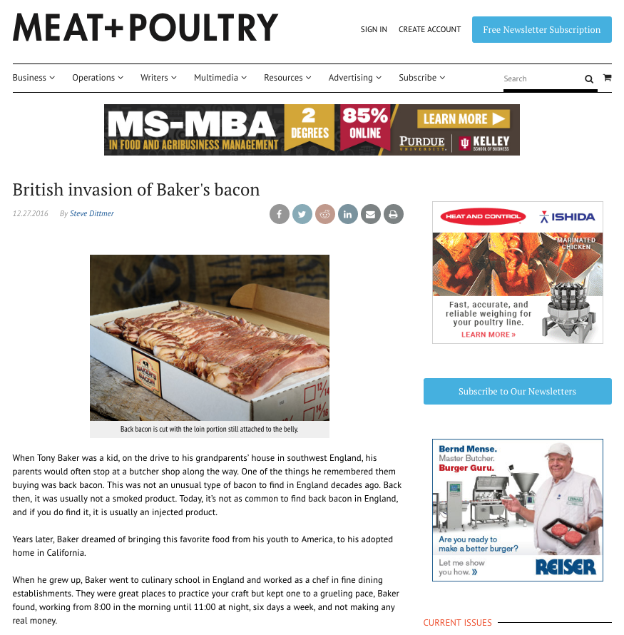 Screen shot of Meat & Poultry article: British invasion of Baker's Bacon