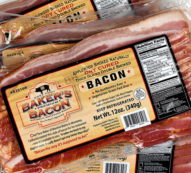 Close up of Baker's Bacon sliced, packaged